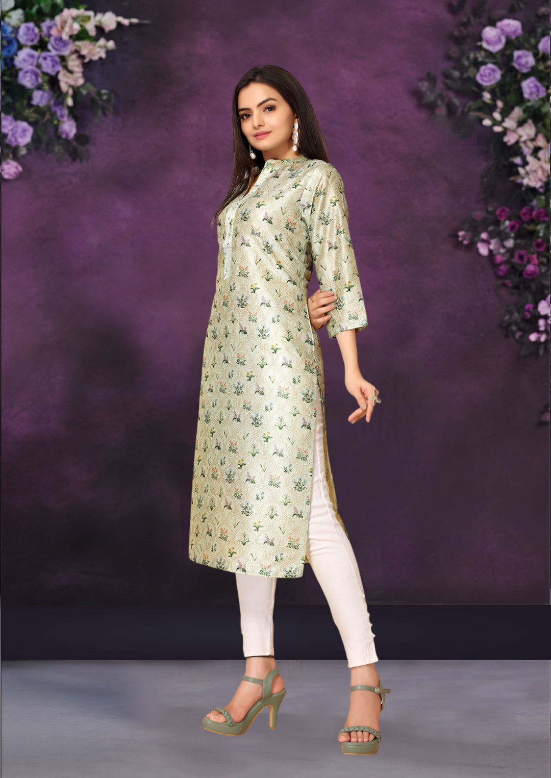 Light Green Color Poly Chanderi Feative Wear Long Kurti