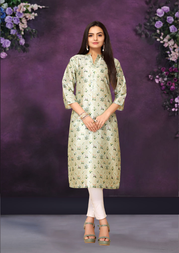 Light Green Color Poly Chanderi Feative Wear Long Kurti