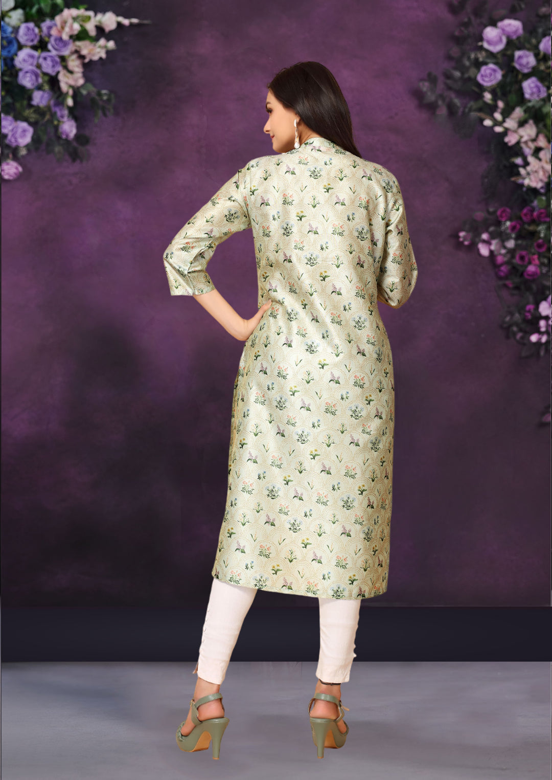 Light Green Color Poly Chanderi Feative Wear Long Kurti