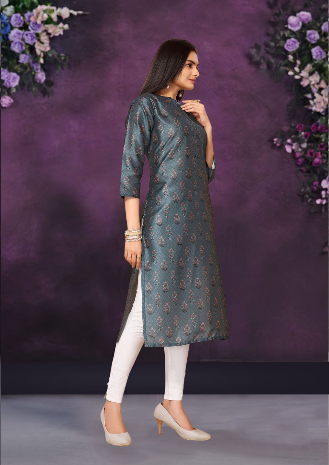 Blue Color Poly Chanderi Feative Wear Long Kurti