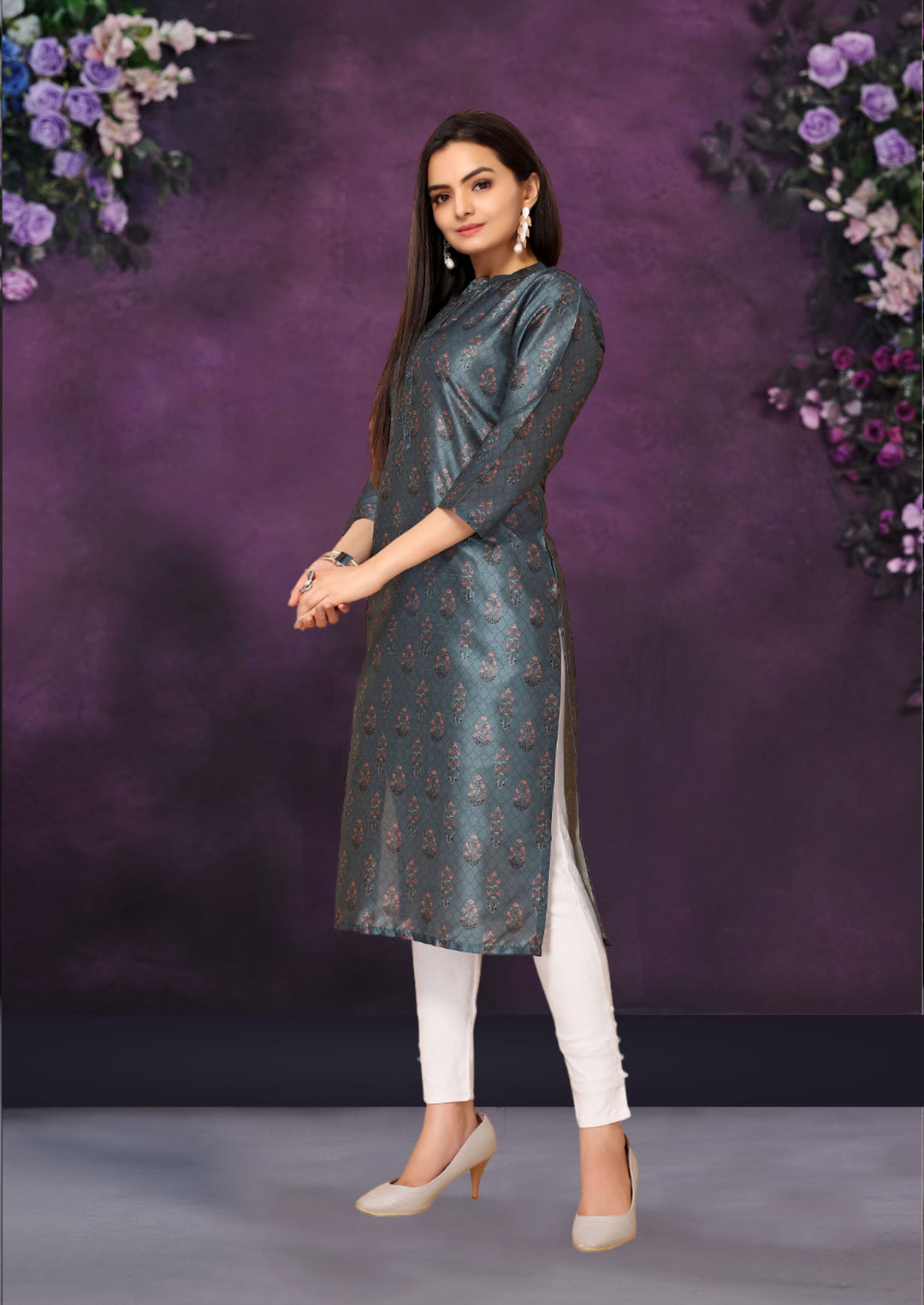 Blue Color Poly Chanderi Feative Wear Long Kurti