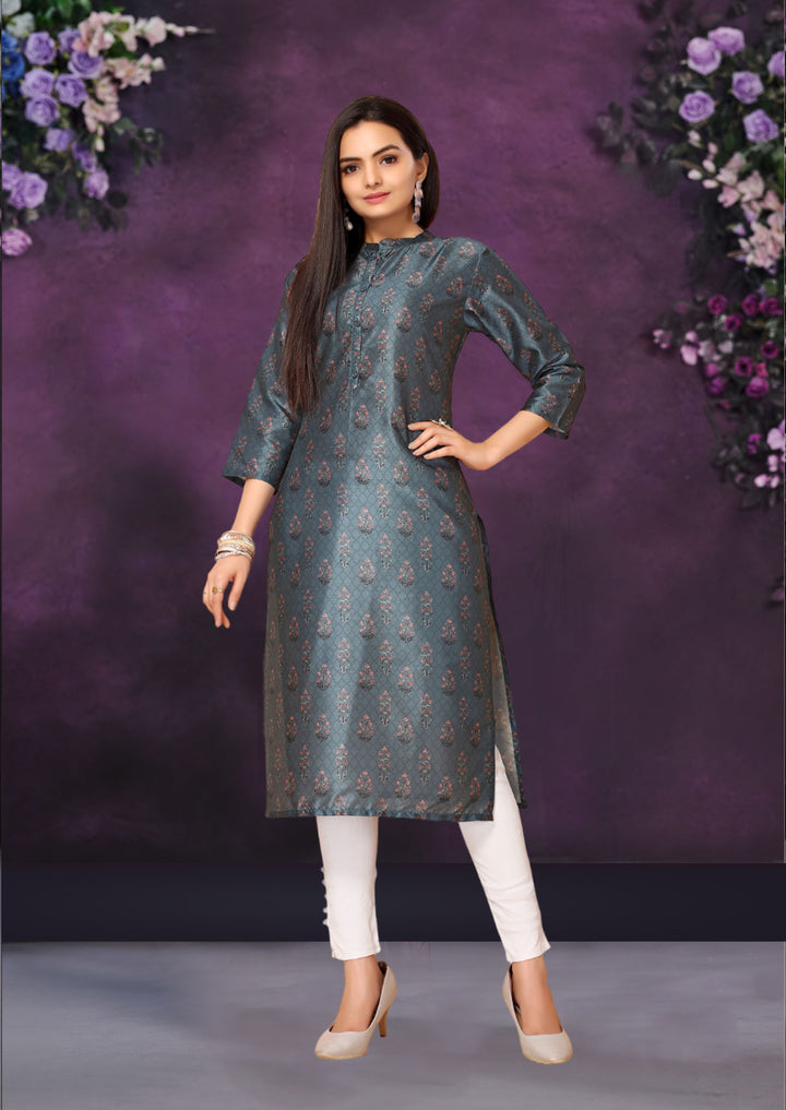 Blue Color Poly Chanderi Feative Wear Long Kurti