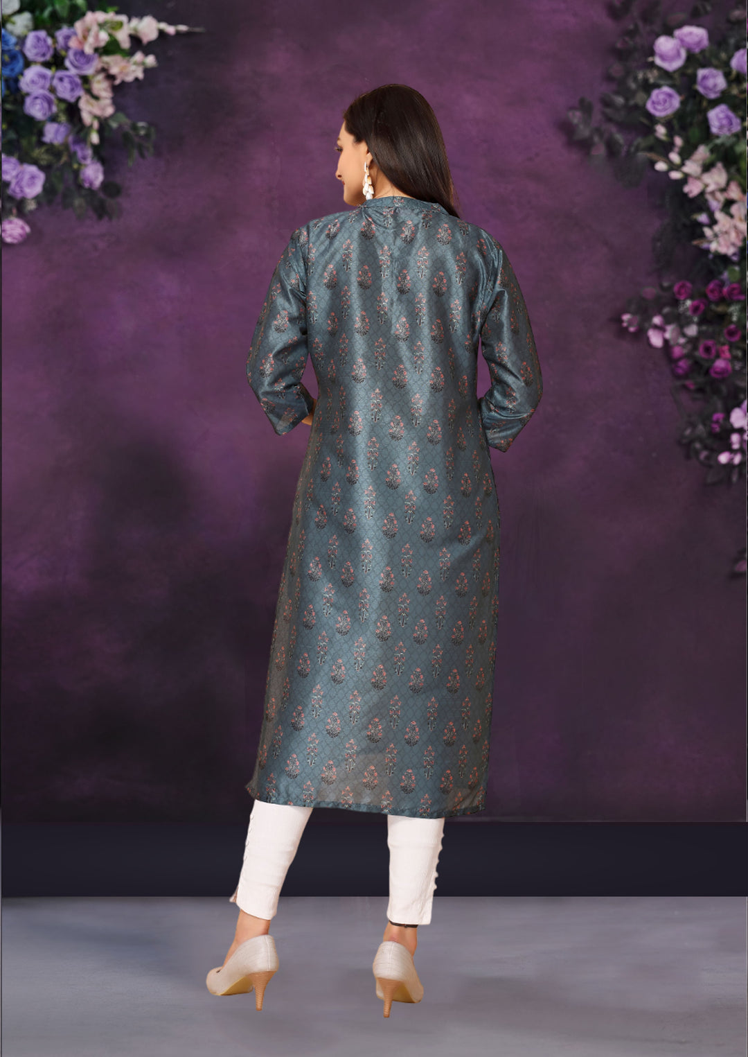 Blue Color Poly Chanderi Feative Wear Long Kurti