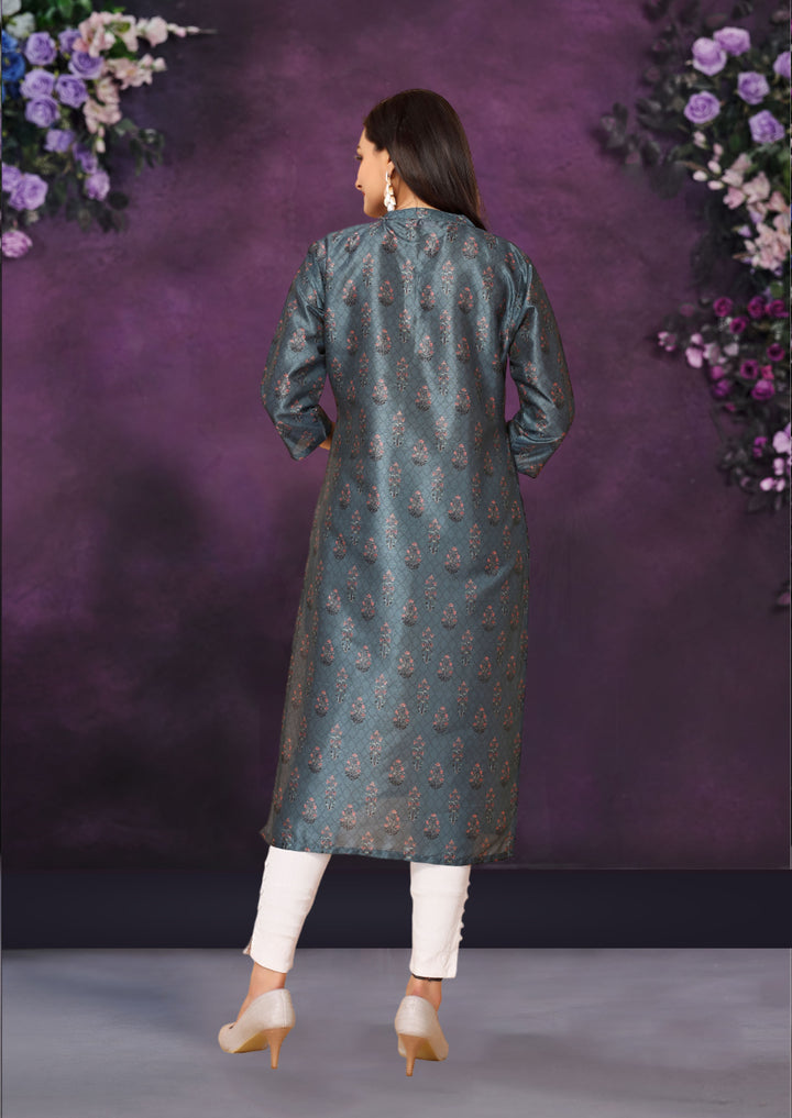 Blue Color Poly Chanderi Feative Wear Long Kurti