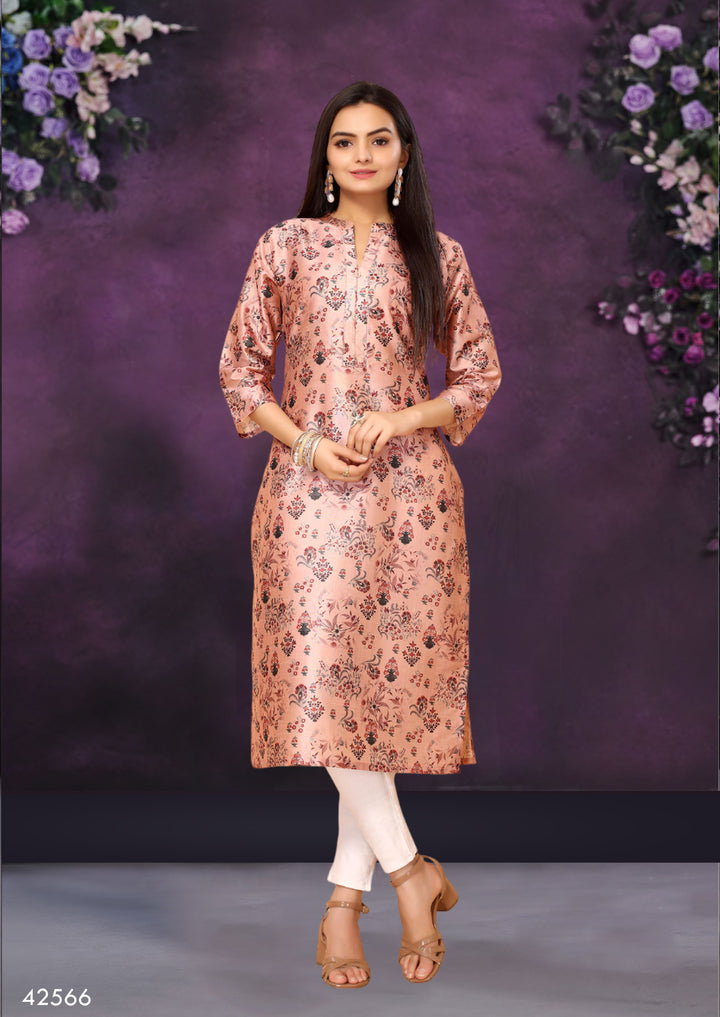 Pink Color Poly Chanderi Feative Wear Long Kurti