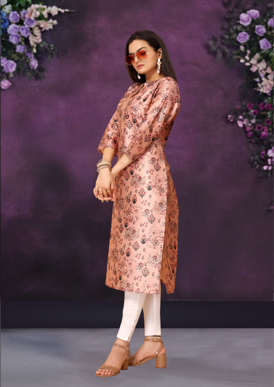 Pink Color Poly Chanderi Feative Wear Long Kurti