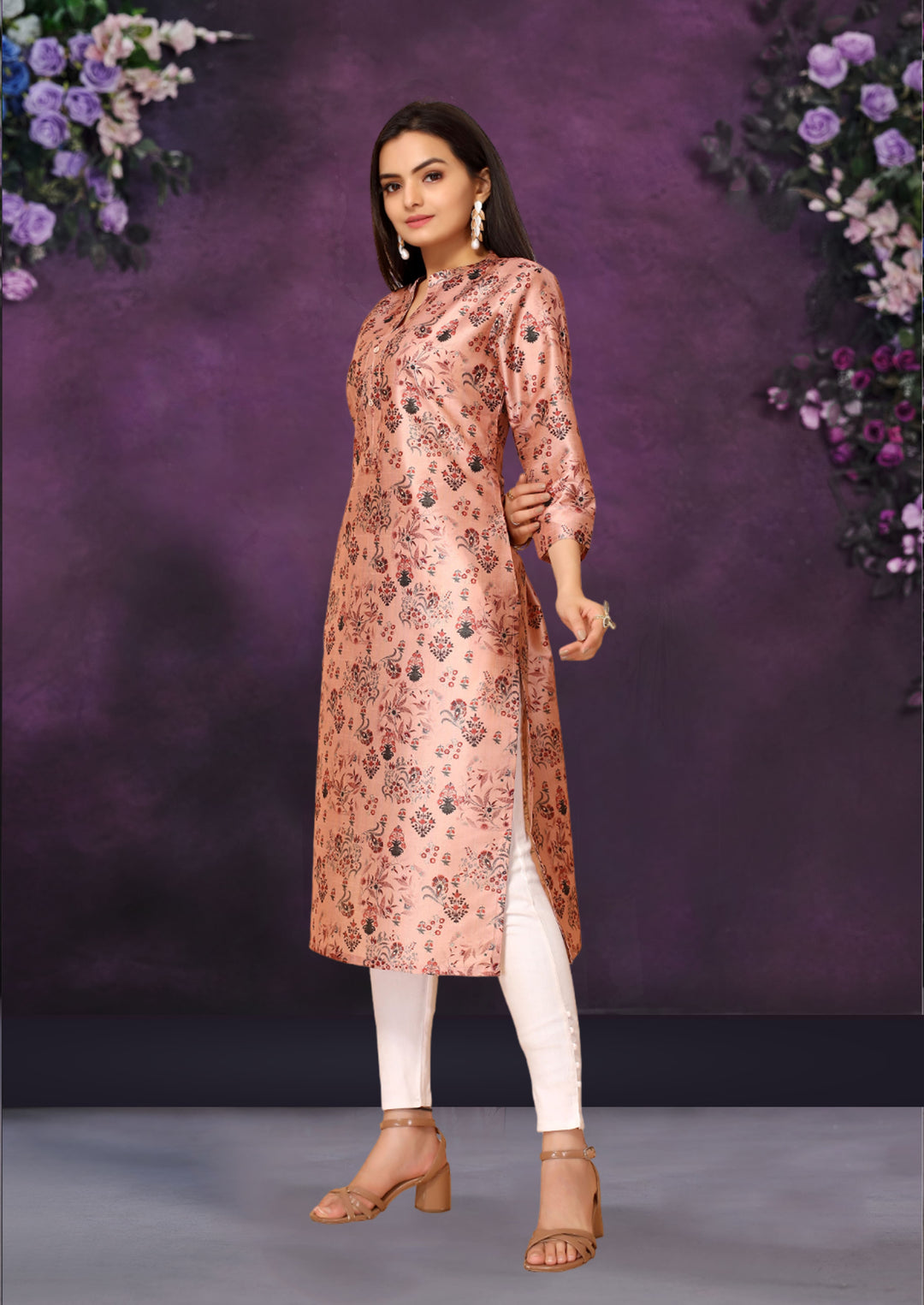 Pink Color Poly Chanderi Feative Wear Long Kurti