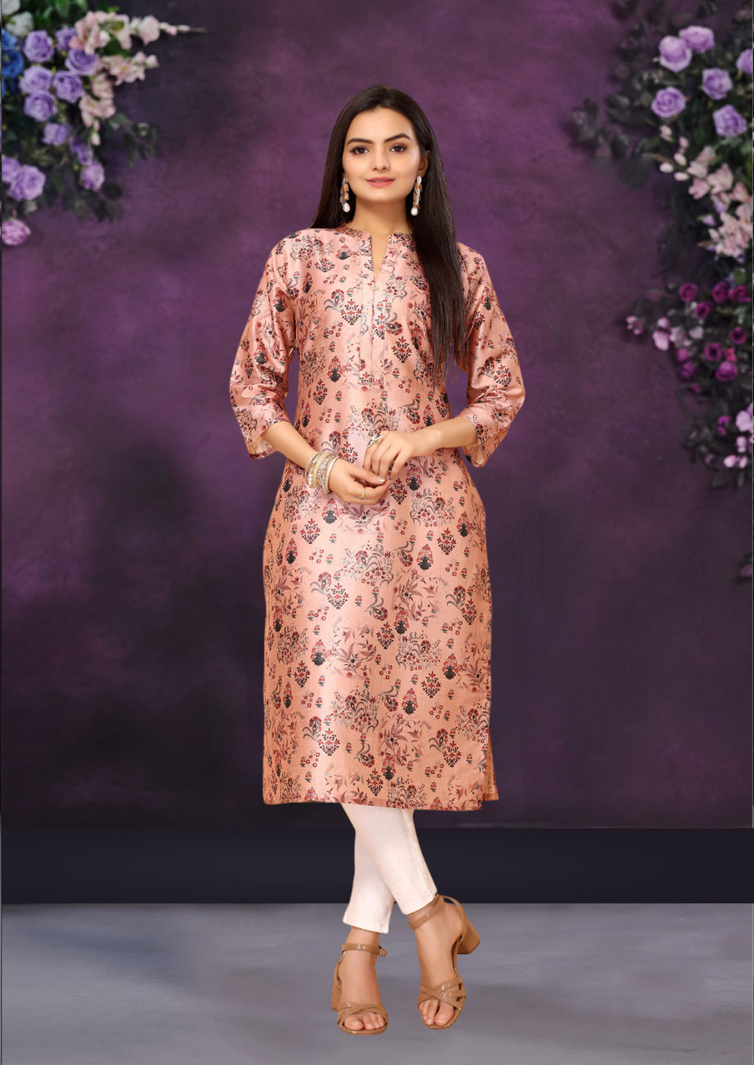 Pink Color Poly Chanderi Feative Wear Long Kurti