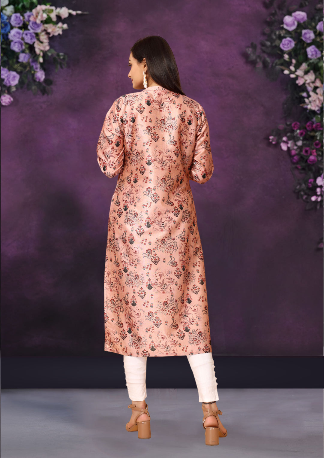 Pink Color Poly Chanderi Feative Wear Long Kurti