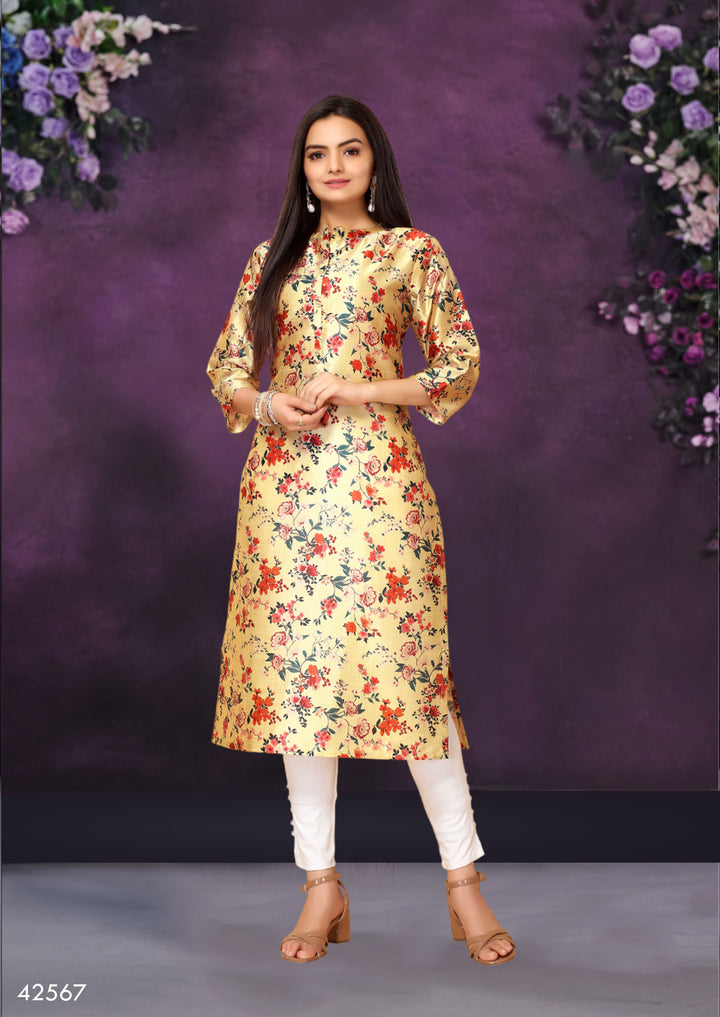 Yellow Color Poly Chanderi Feative Wear Long Kurti