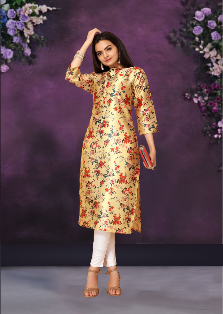 Yellow Color Poly Chanderi Feative Wear Long Kurti