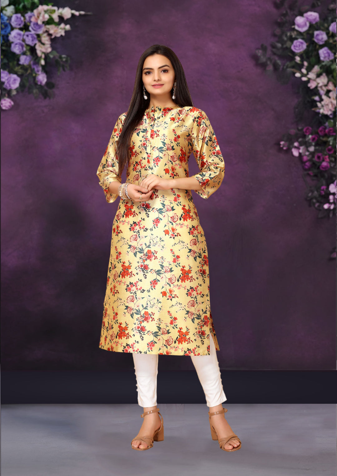 Yellow Color Poly Chanderi Feative Wear Long Kurti