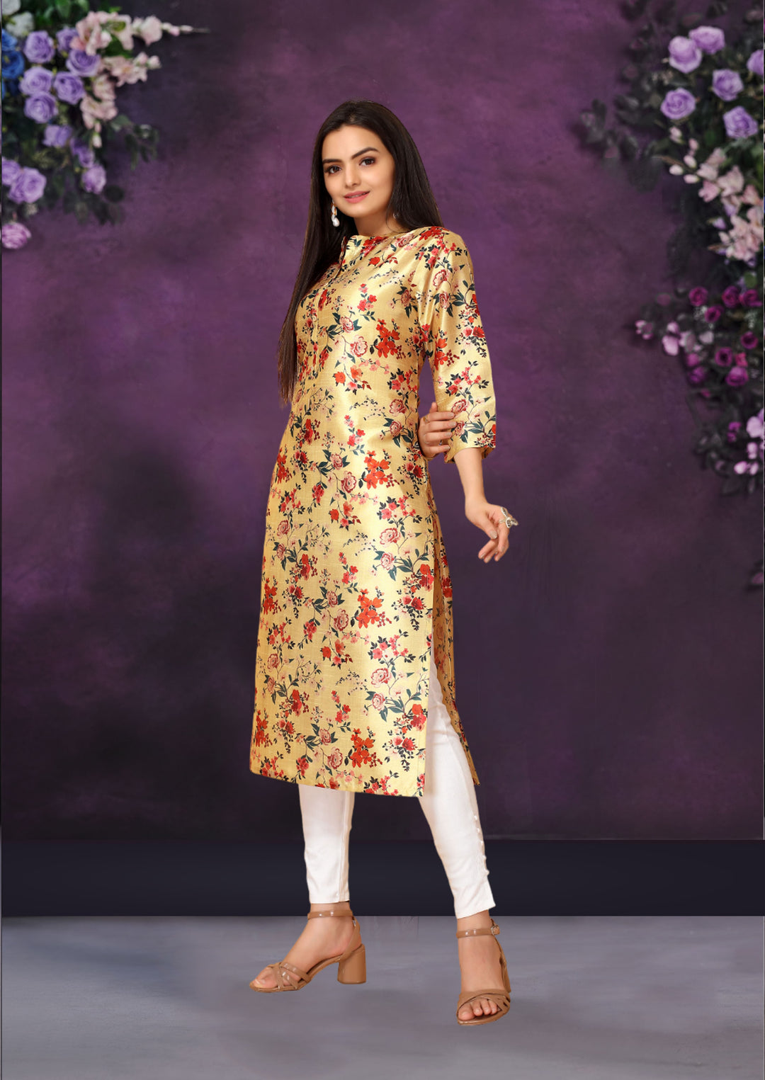 Yellow Color Poly Chanderi Feative Wear Long Kurti