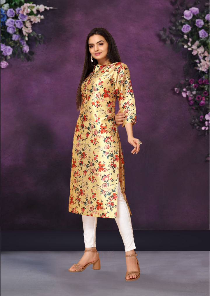 Yellow Color Poly Chanderi Feative Wear Long Kurti