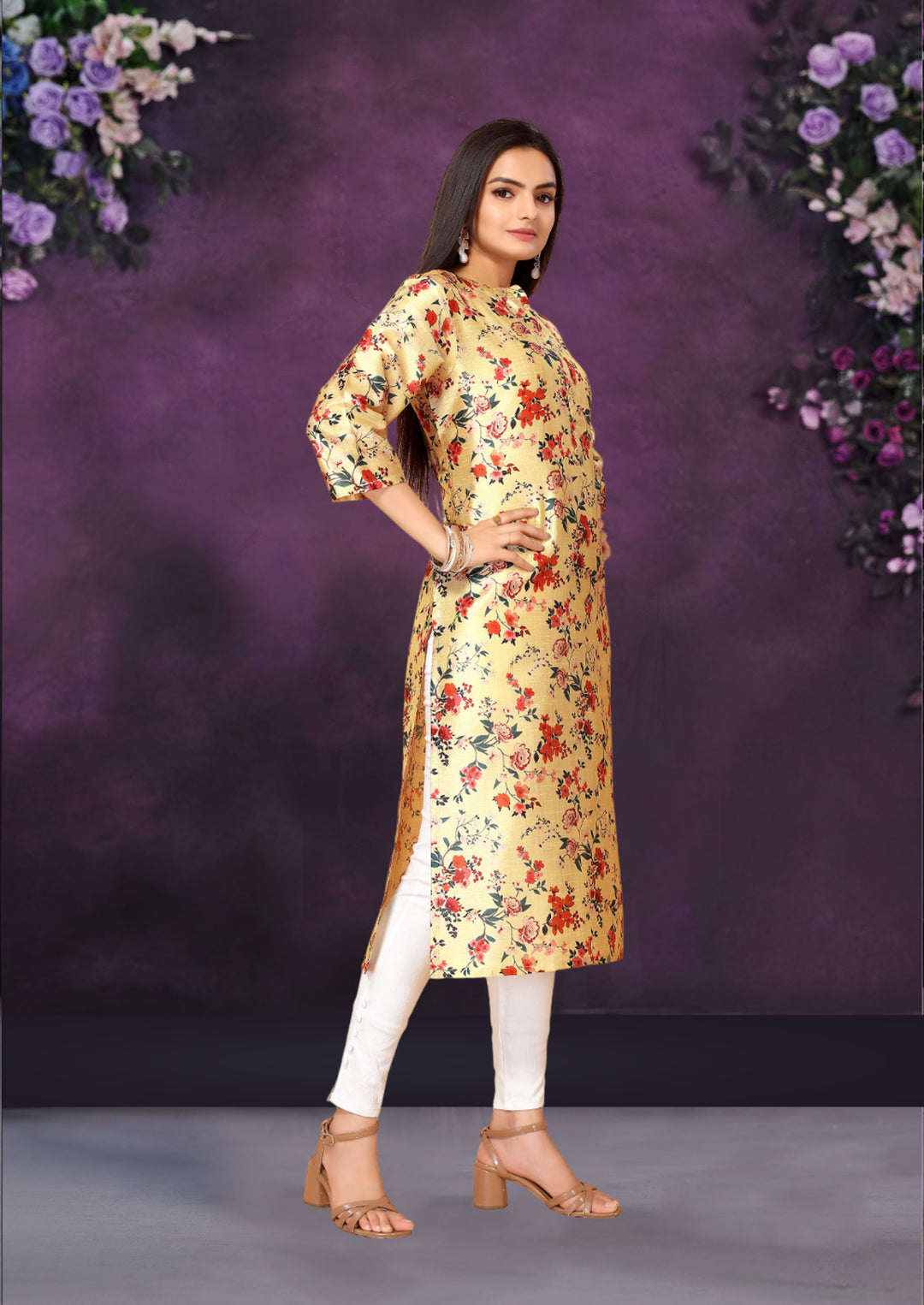 Yellow Color Poly Chanderi Feative Wear Long Kurti