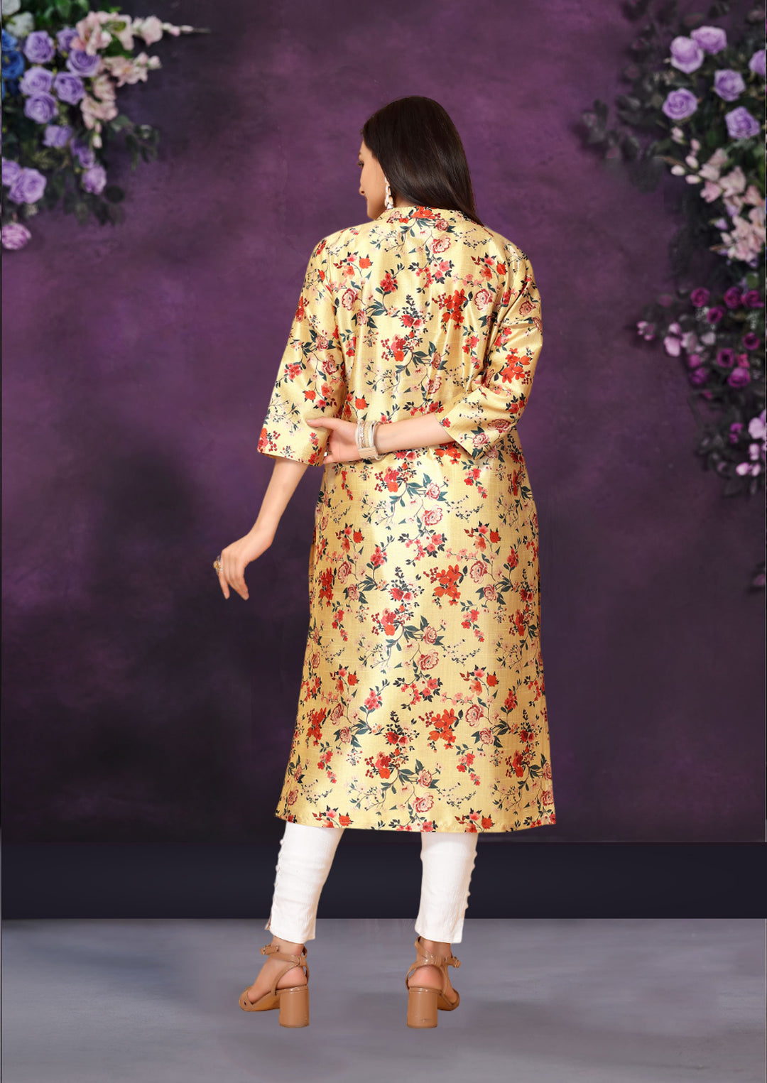 Yellow Color Poly Chanderi Feative Wear Long Kurti