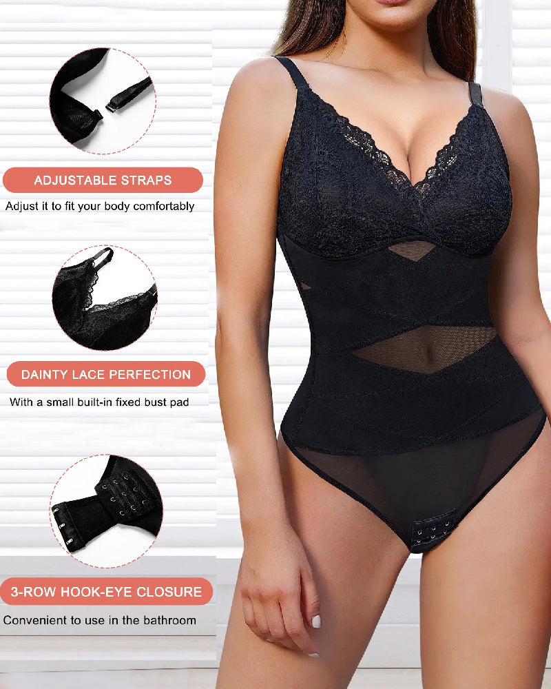 Women's Tummy Control V Neck Thong Bodysuit Corset Sculpting Lace Camisoles Shapewear  - By Qivii