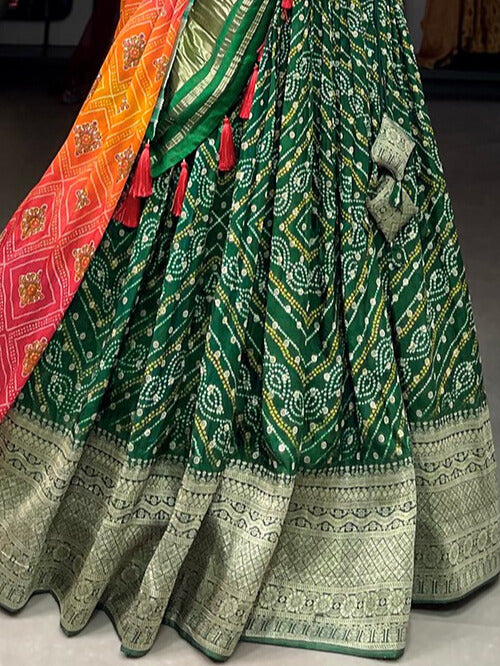 Viscose Dola Silk Printed With Zari Weaving Work Lehenga Choli in Green Color