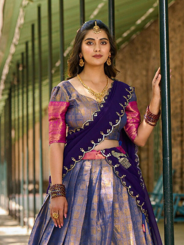 Kanjivaram silk in this regal lehenga choli in Blue Color