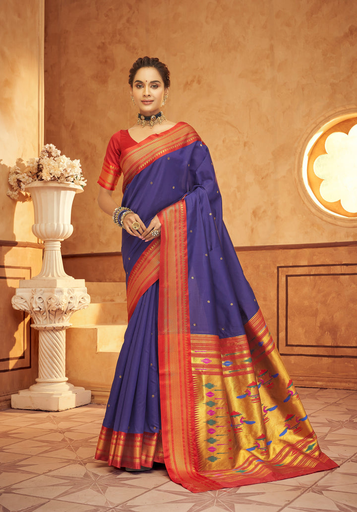 Navy Blue Soft Silk Saree Which Have Paithani Weaving Contrast Zari Border & Rich Pallu