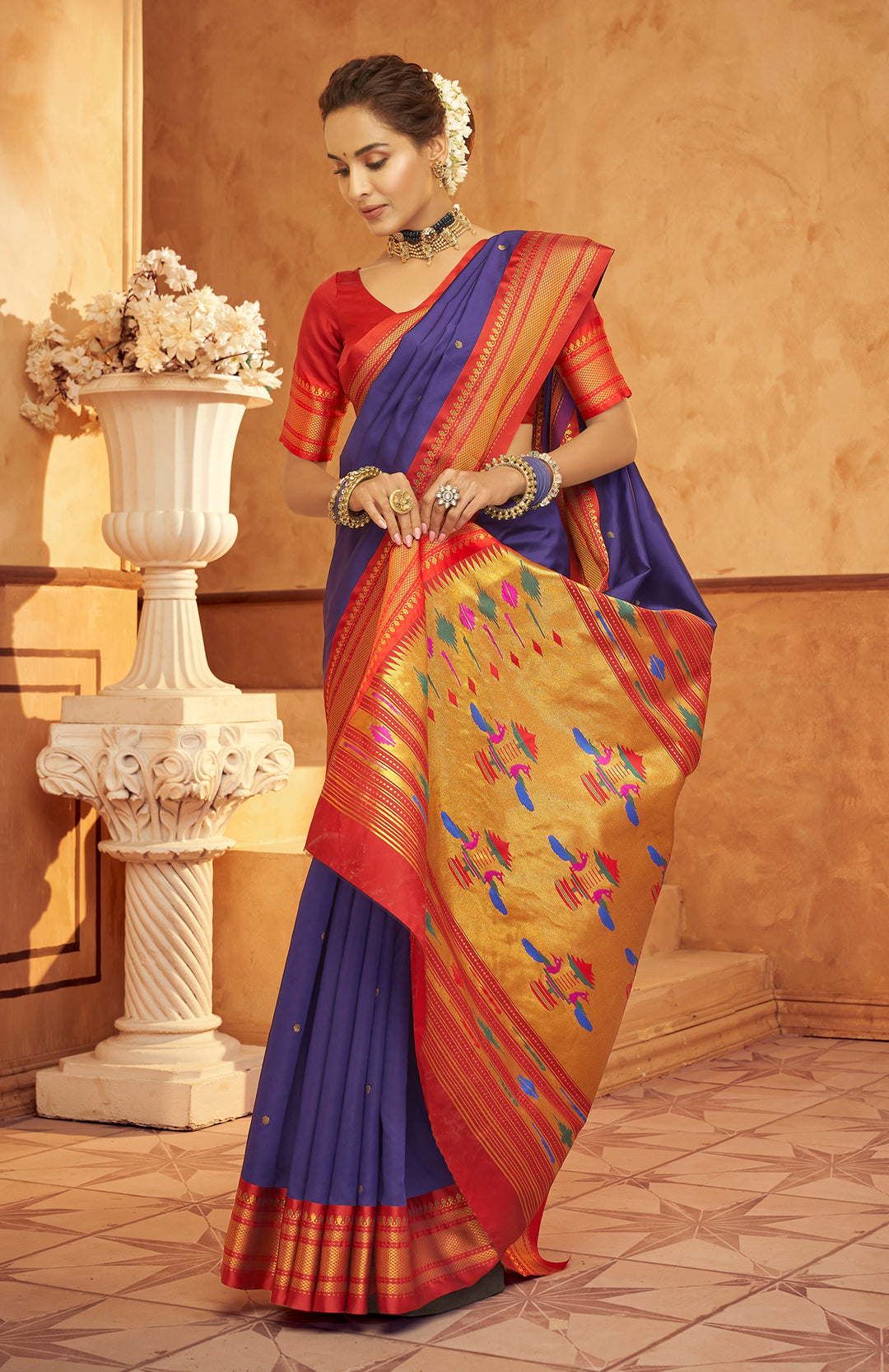 Navy Blue Soft Silk Saree Which Have Paithani Weaving Contrast Zari Border & Rich Pallu