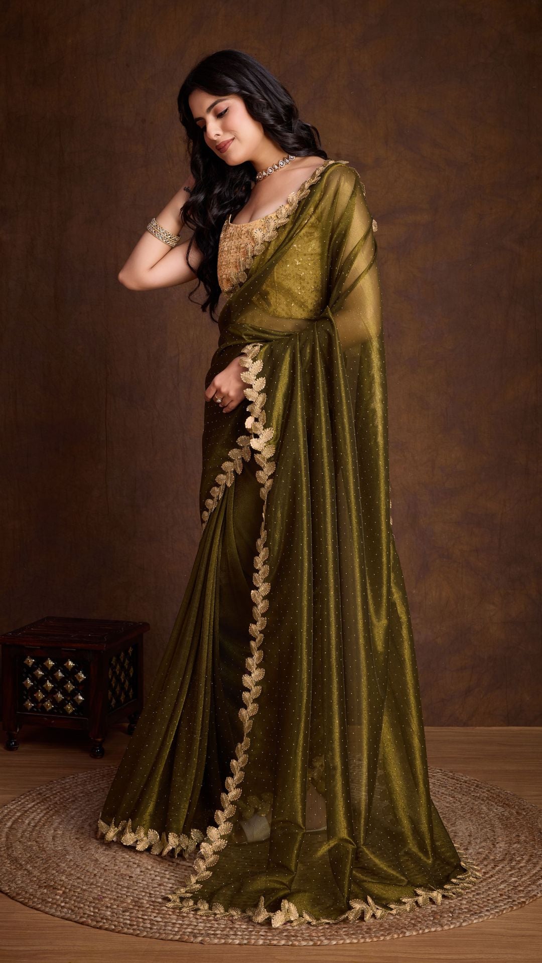 Green Golden Attractive Cutwork Golden Sequins work lace Saree