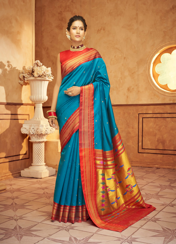 Blue Soft Silk Saree Which Have Paithani Weaving Contrast Zari Border & Rich Pallu