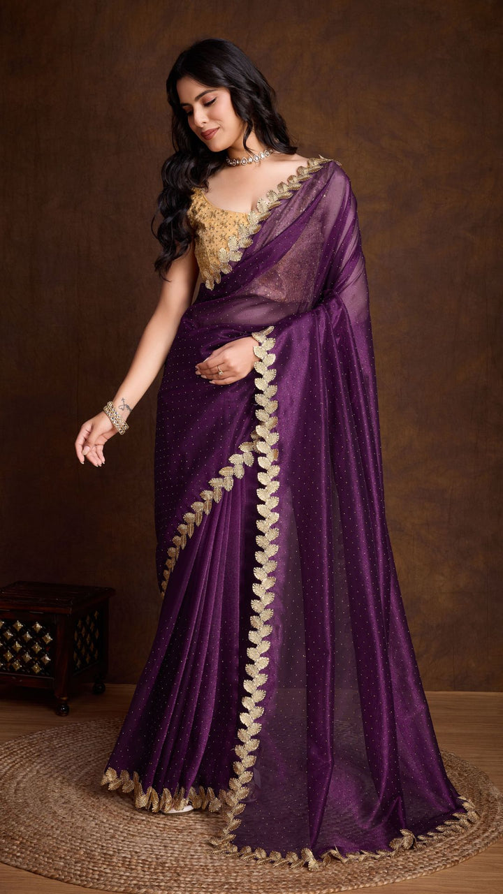 Purple Golden Attractive Cutwork Golden Sequins work lace Saree