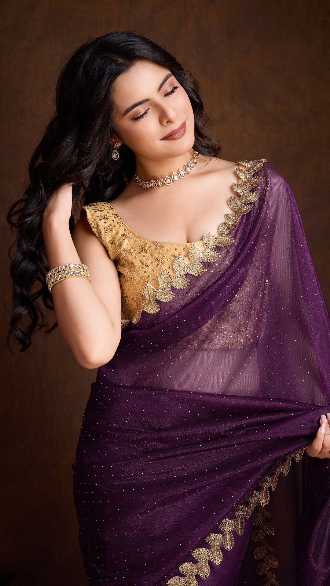 Purple Golden Attractive Cutwork Golden Sequins work lace Saree