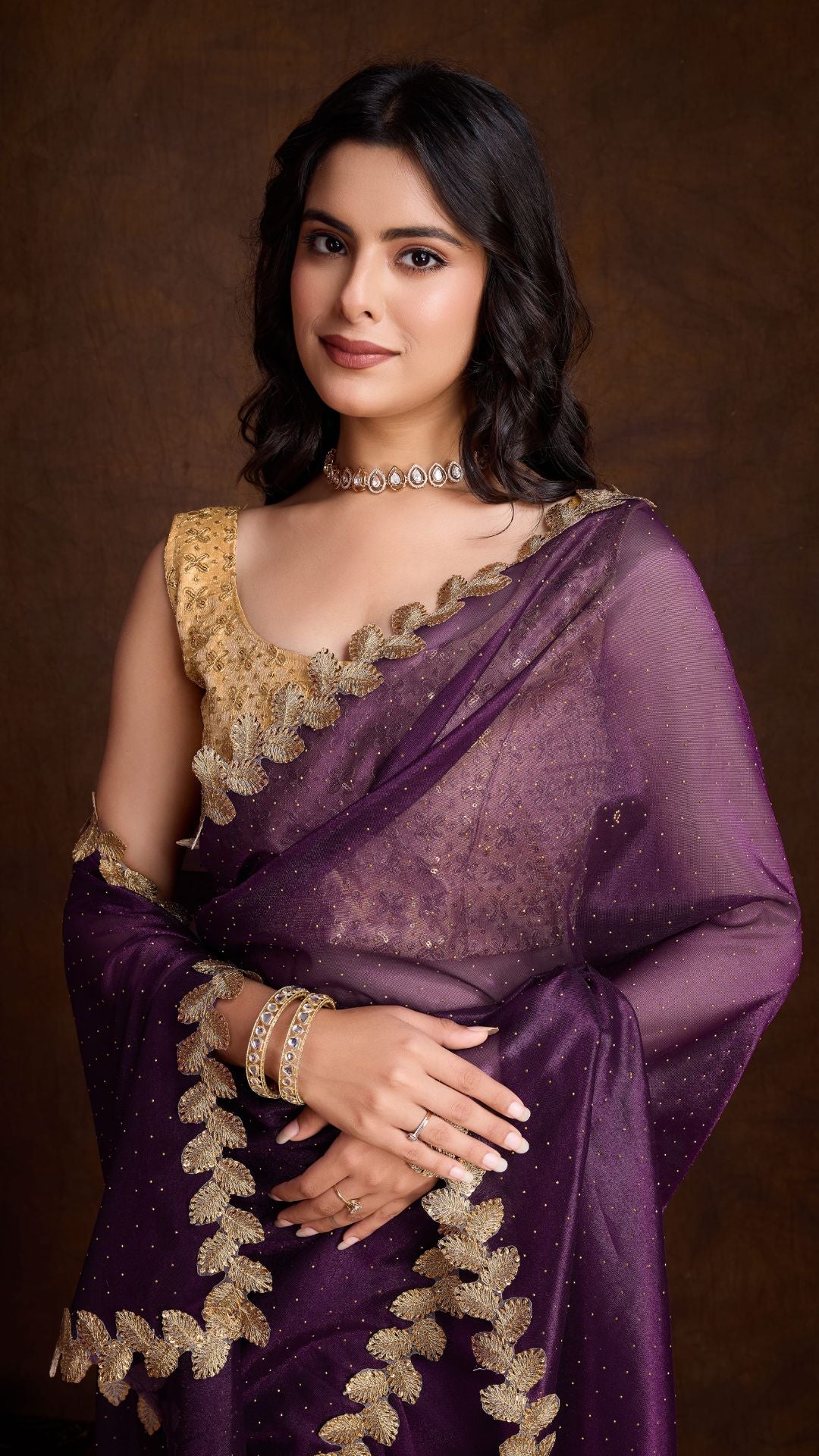 Purple Golden Attractive Cutwork Golden Sequins work lace Saree