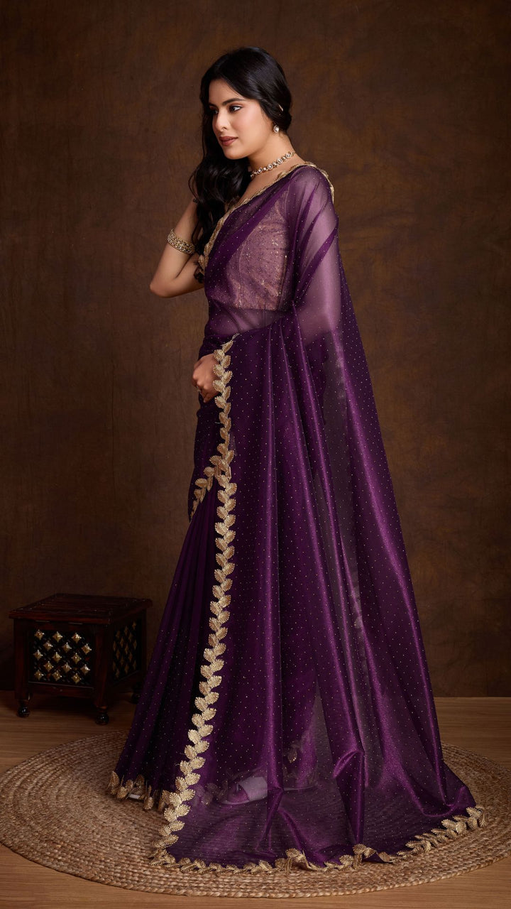 Purple Golden Attractive Cutwork Golden Sequins work lace Saree