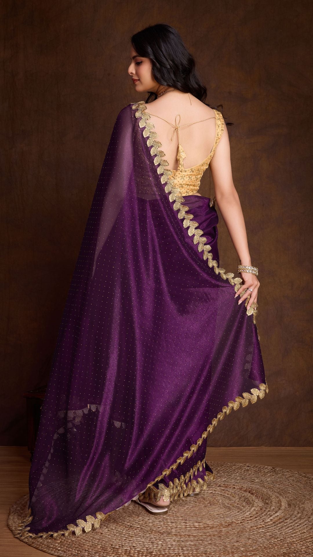 Purple Golden Attractive Cutwork Golden Sequins work lace Saree