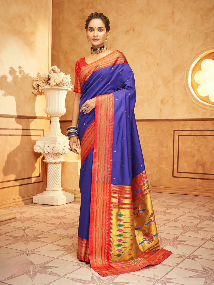 Blue Soft Silk Saree Which Have Paithani Weaving Contrast Zari Border & Rich Pallu