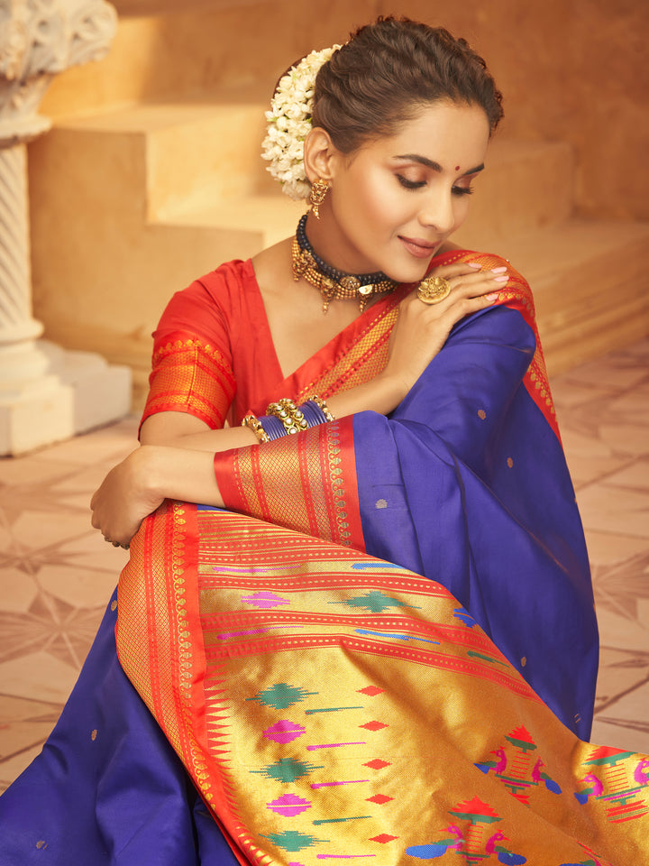 Blue Soft Silk Saree Which Have Paithani Weaving Contrast Zari Border & Rich Pallu