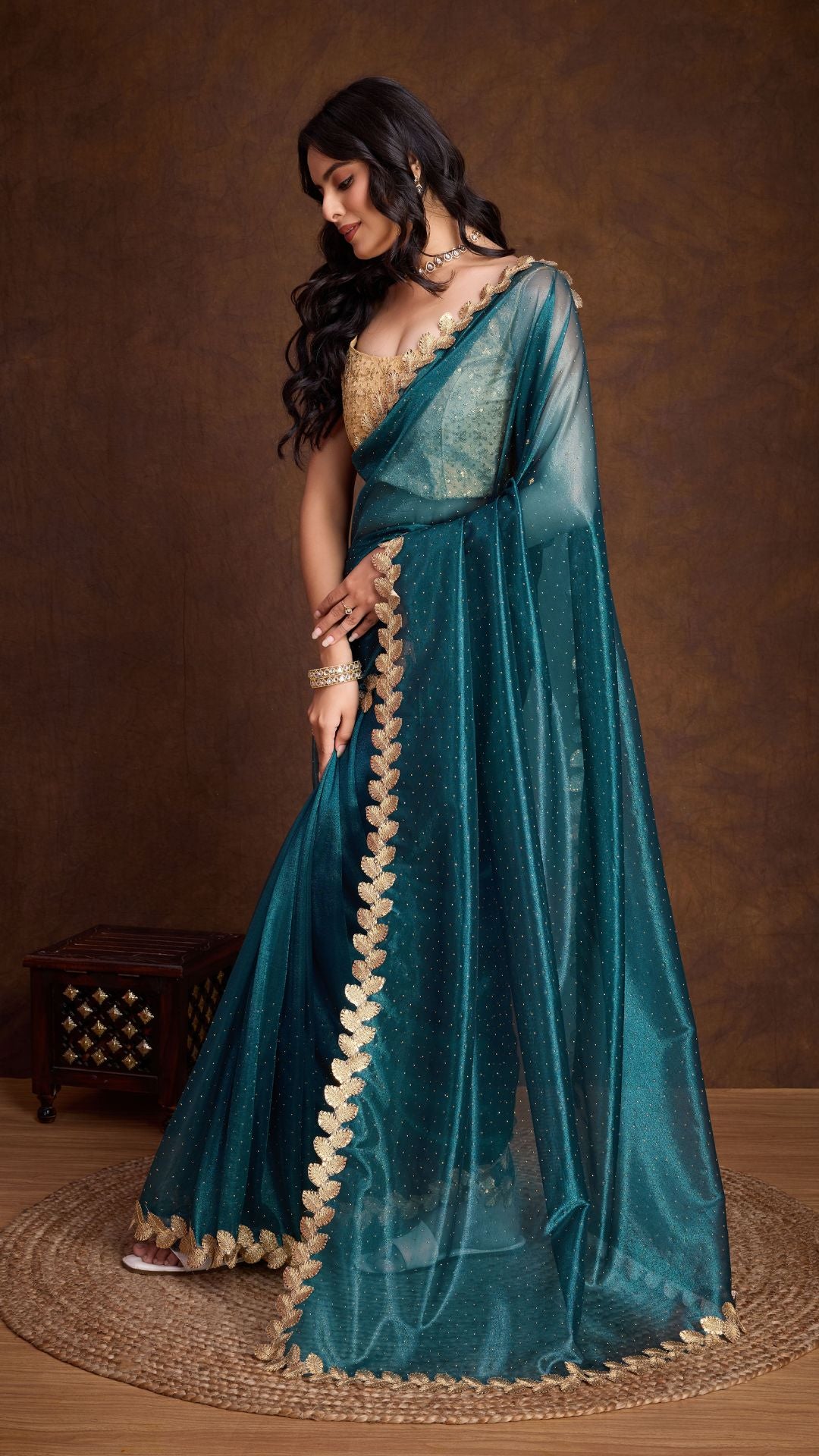 Blue Golden Attractive Cutwork Golden Sequins work lace Saree