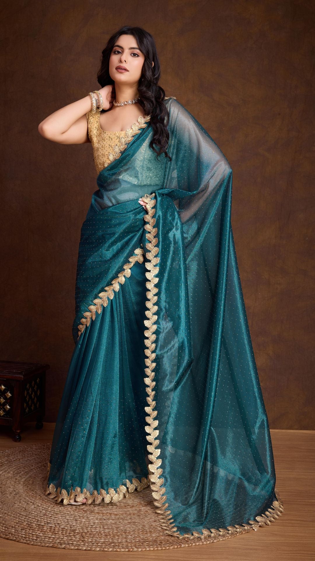 Blue Golden Attractive Cutwork Golden Sequins work lace Saree