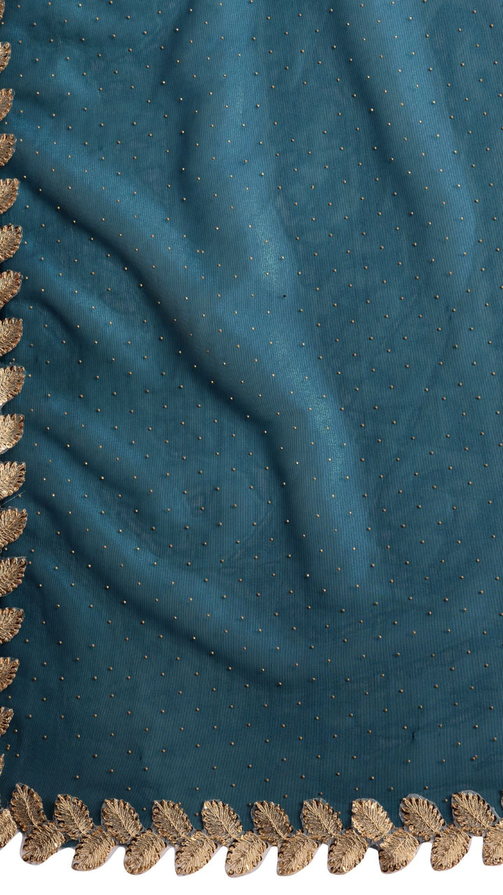 Blue Golden Attractive Cutwork Golden Sequins work lace Saree