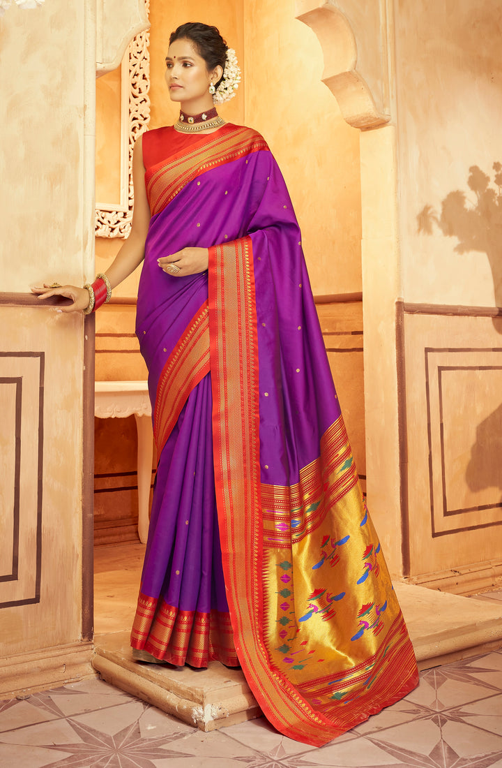 Purple Soft Silk Saree Which Have Paithani Weaving Contrast Zari Border & Rich Pallu