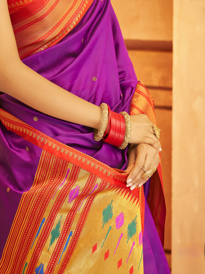 Purple Soft Silk Saree Which Have Paithani Weaving Contrast Zari Border & Rich Pallu