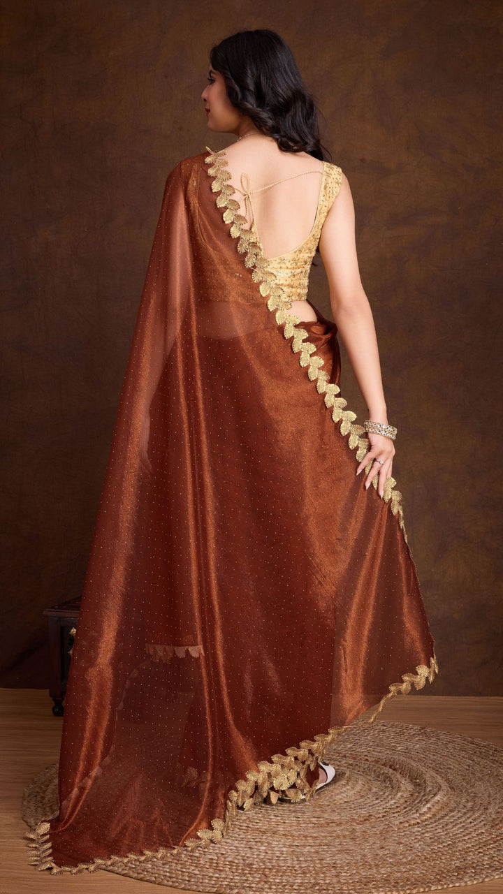 Brown Golden Attractive Cutwork Golden Sequins work lace Saree