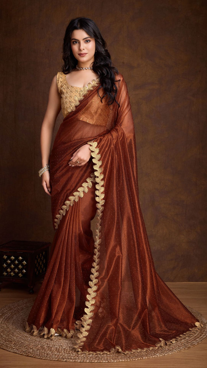 Brown Golden Attractive Cutwork Golden Sequins work lace Saree