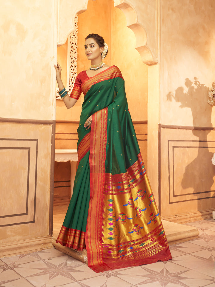 Green Soft Silk Saree Which Have Paithani Weaving Contrast Zari Border & Rich Pallu