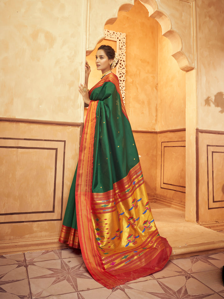 Green Soft Silk Saree Which Have Paithani Weaving Contrast Zari Border & Rich Pallu