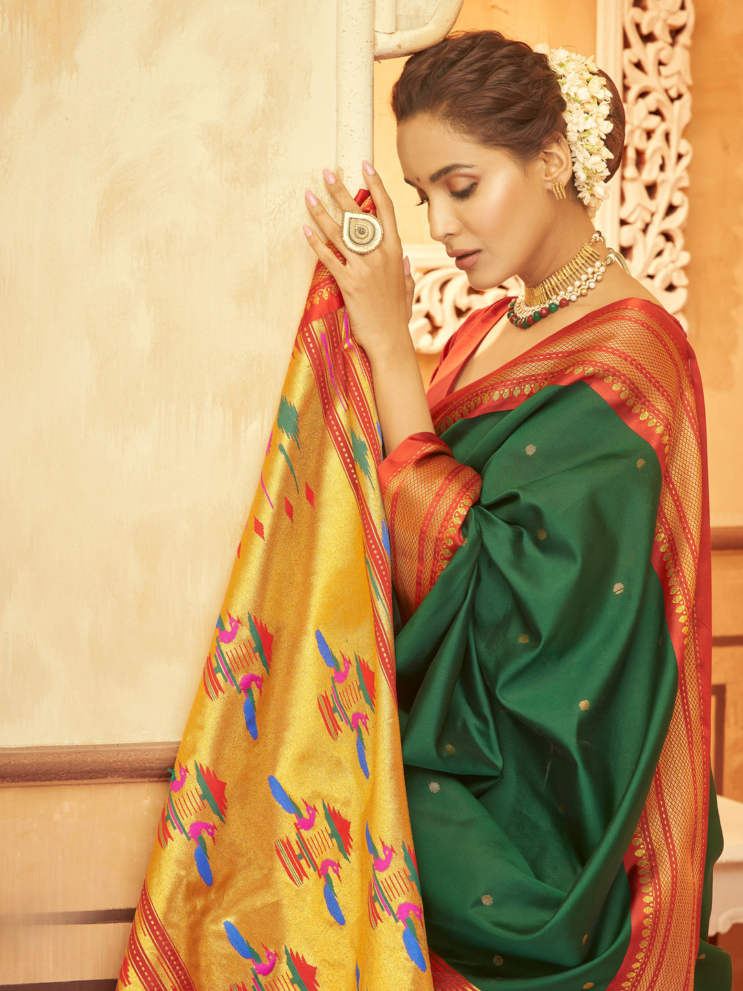 Green Soft Silk Saree Which Have Paithani Weaving Contrast Zari Border & Rich Pallu