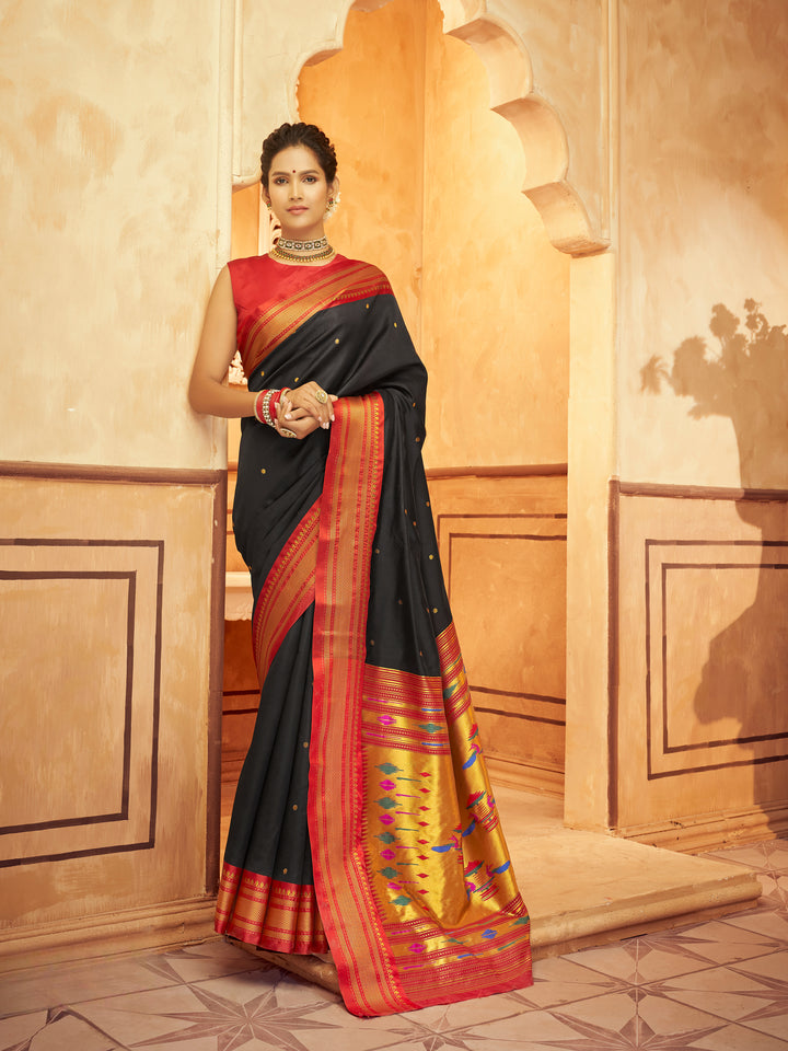 Black Soft Silk Saree Which Have Paithani Weaving Contrast Zari Border & Rich Pallu