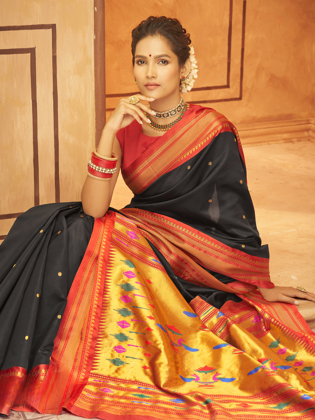 Black Soft Silk Saree Which Have Paithani Weaving Contrast Zari Border & Rich Pallu