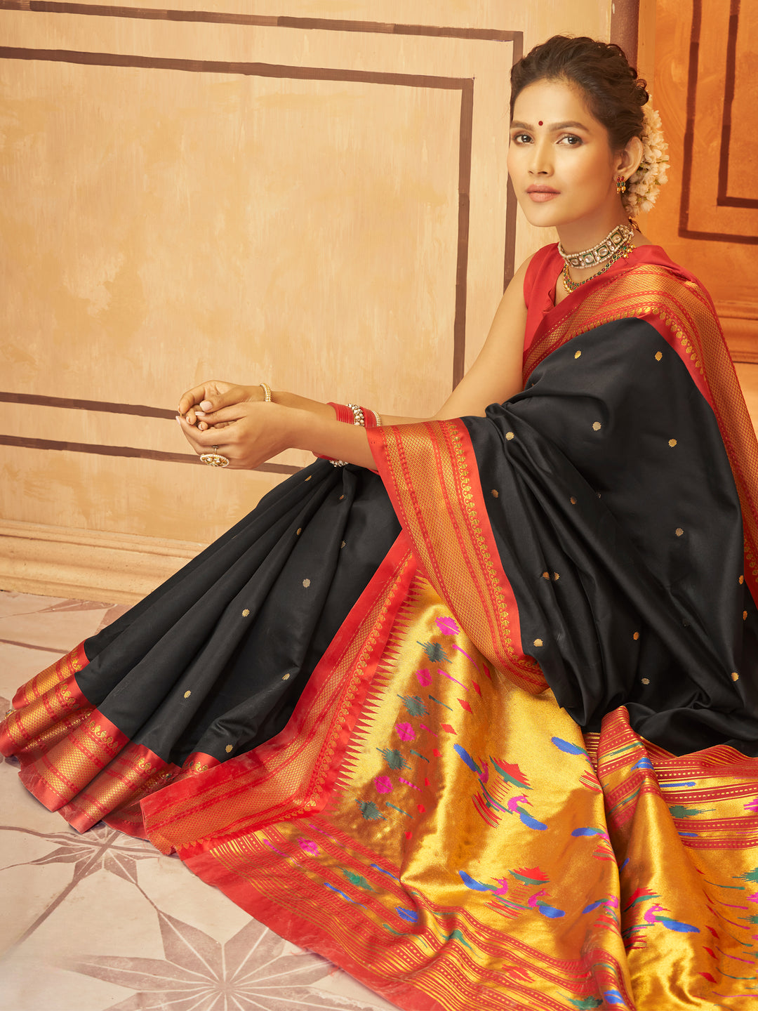 Black Soft Silk Saree Which Have Paithani Weaving Contrast Zari Border & Rich Pallu