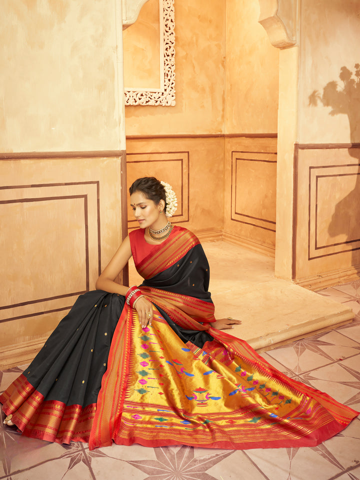 Black Soft Silk Saree Which Have Paithani Weaving Contrast Zari Border & Rich Pallu