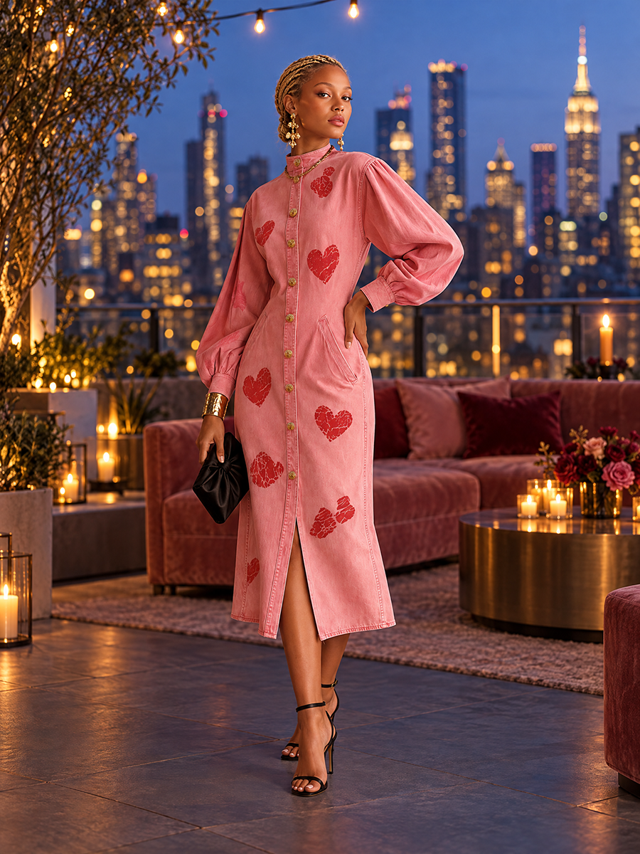Romantic Western Pink Heart Print Puff Sleeve Button Front Denim Midi Dress  - By Qivii