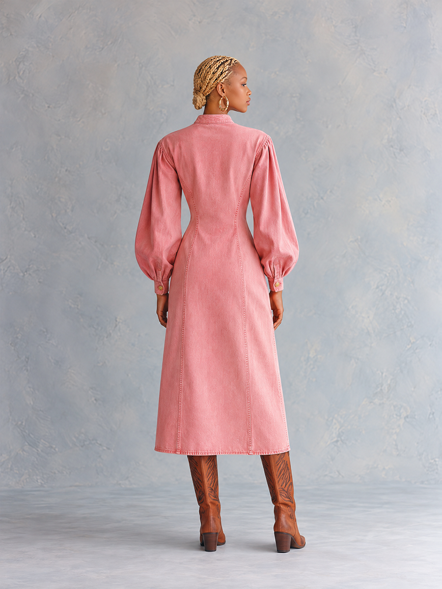 Romantic Western Pink Heart Print Puff Sleeve Button Front Denim Midi Dress  - By Qivii